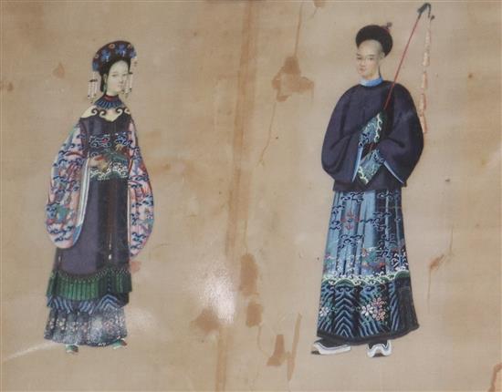 19th century Chinese School, pair of gouache on pith paper, Studies of courtiers, 22 x 13cm each, unframed